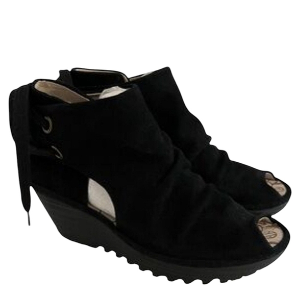 Fly London Black Peep Toe Wedge Suede Leather Booties - Picture 1 of 6